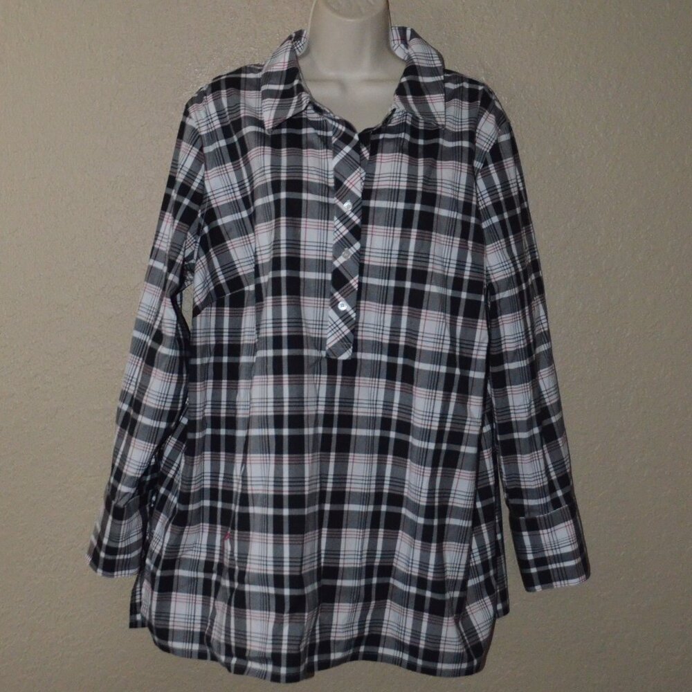 NWOT Sz 20w Talbots Black White Red Plaid Popover Tunic Blouse Top